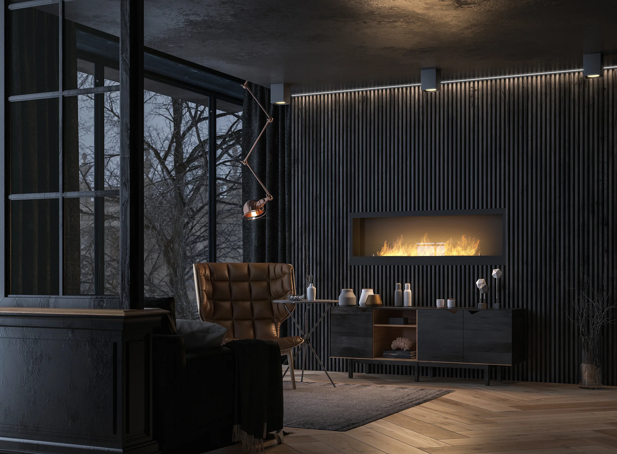 Minimalist built-in bioethanol fireplace Inside 1500 – black, Antisol glass inside-1500_scena3-1