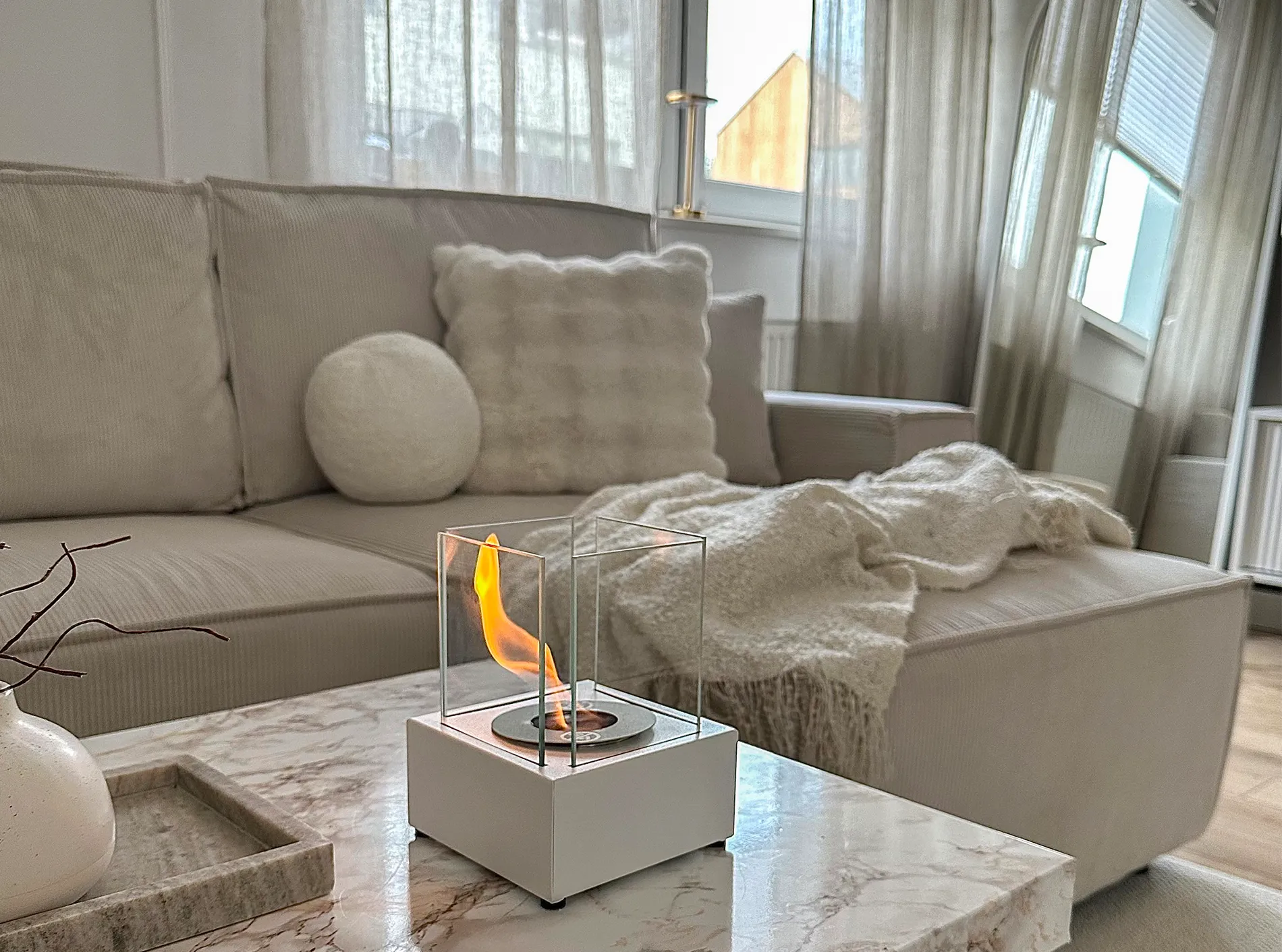 Freestanding Bioethanol Fireplace with Glass White Smart
