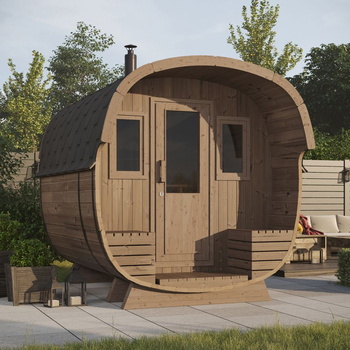 Sonderangebot Icon 292 Gartensauna 6-Personen / Elektro- oder Holzofen von Harvia / Hochwertige skandinavische Fichte (Thermoholz) | Eleganter Minimalismus | Natürliches Holz