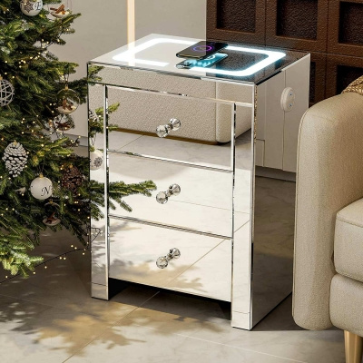 Noční stolek LENOX - skleněný, LED s nastavením barev, bezdrátové nabíjení + USB (56 × 40 × 30 cm)