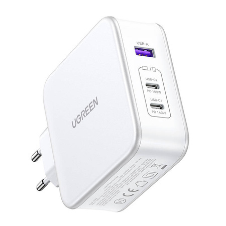 UGREEN 15339 Зарядно устройство Nexode за захранване от мрежата, 2xUSB-C, USB-A 3.0, PD3.0, QC4.0, GaN, 140W (бяло)