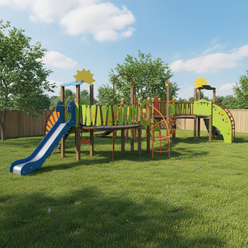 Детска площадка Playground complex „Steamlet 7” TE707 – голям комплект с 5 кули, множество пързалки (700–1500 mm) и катерачни модули, за максимум 8 деца, серия Fairytale Forest