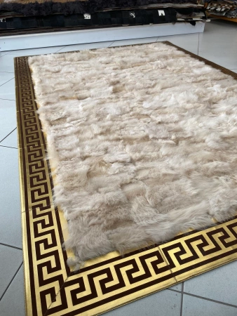 VERSACE style rug - luxury handmade sheepskin rug, beige with gold