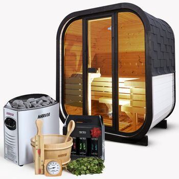 Outdoor sauna AMORA for 3-4 people with Harvia Vega sauna heater + free gifts | cosmetics + sauna accessories | Finnish sauna | Thermowood | thermally modified wood