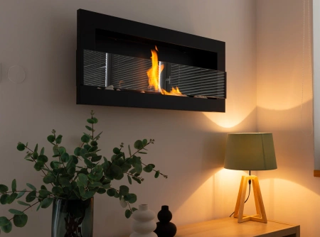 Chimenea de bioetanol de 900x400 cm con cristal, estructura negra, moderna chimenea de bioetanol.