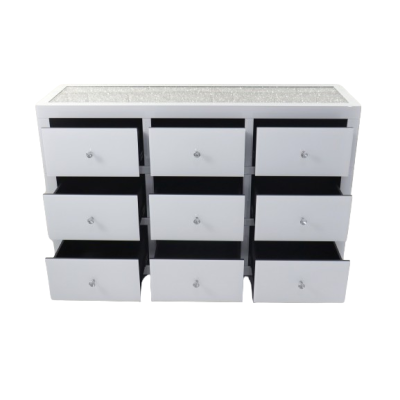  KOMODA SZKLANA KRYSZTAŁKI AMARO 9 SZUFLAD • szkło + MDF • 130 × 80 × 40 cm