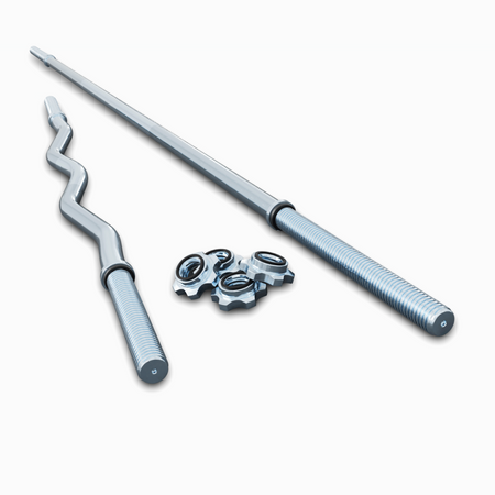 Un banco de ejercicios con un juego de pesas y pesas.