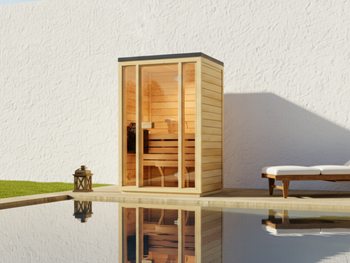 Zahradní sauna Bali S – prostorná venkovní sauna pro 2 osoby s elektrickým sporákem nebo sporákem na dřevo, ideální pro relaxaci na zahradě