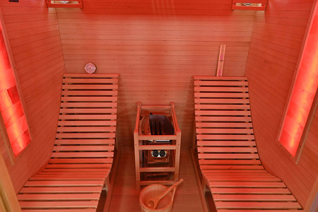 MO-TS4 Суха сауна с печка HARVIA 8 kW и шезлонги | Wellness | Relax | SPA | Термодърво | Елегантен минимализъм