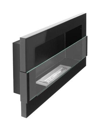 Væghængt bioethanolpejs med glas 650x400 – blank sort, moderne bioethanolpejs