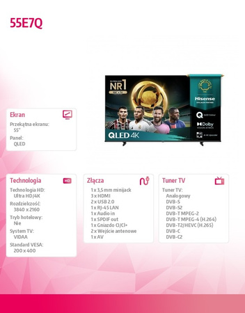 Hisense QLED телевізор 55 дюймів 55E7Q - Ultra HD 4K, Dolby Vision, HDR10+, Smart TV, VIDAA - сучасний телевізор з винятковою якістю зображення та звуку