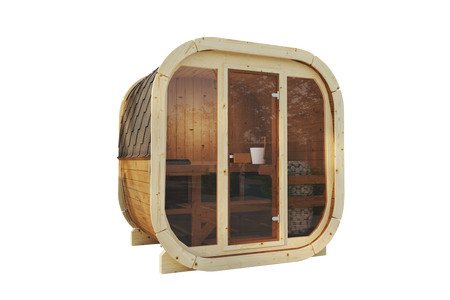 Udendørs sauna Eke 160 til 3–4 personer med Harvia Vega ovn + gaver – kosmetik + tilbehør til sauna | finsk sauna | thermowood | Termotræ
