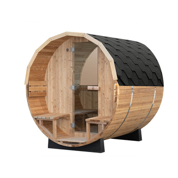 MO-2124 Tynnyrisauna 240×Ø210 cm - puinen ulkosauna terassilla, LED RGB ja karkaistu lasi 4-6 hengelle.