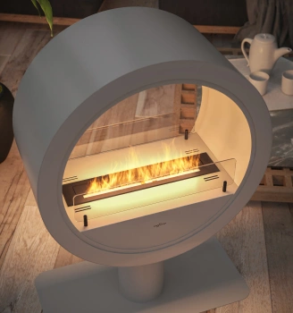 Atmospheric Freestanding Bioethanol Fireplace Incyrcle 2Side Stand White/Black — rounded Antisol glass, 500 mm burner, insulation