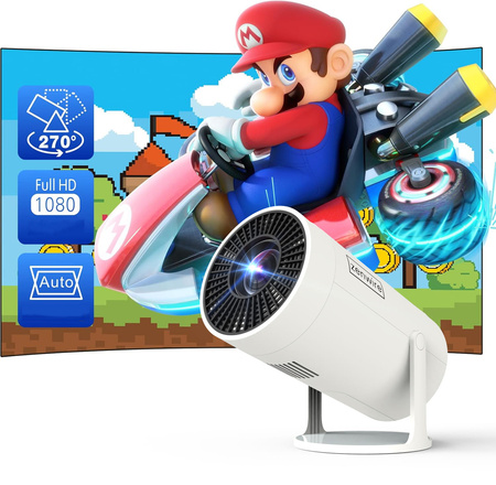 PRZENOŚNY MINI PROJEKTOR ANDROID 12 WiFi RZUTNIK OBROTOWY FULL HD 4K Bluetooth autokeystone 4D Zenwire R1 360