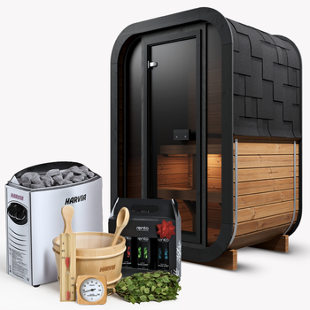 Sauna extérieure ULLA pour 1 à 2 personnes avec poêle Harvia Vega + cadeaux | cosmétiques + accessoires pour sauna | sauna finlandais | thermwood | Bois Thermotraité