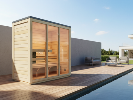 Sæt Udendørssauna BALI M til 3 personer | moderne | finsk | med glasvægge | med Harvia Vega 4,5 kW ovn | tilbehørspakke gratis