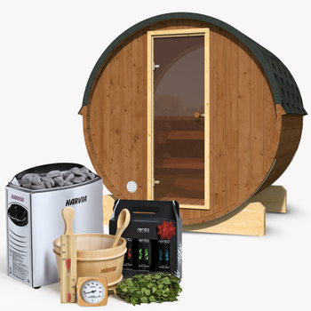 Ulkosauna EDA 130 3-4 hengelle sarjassa Harvia Vega -kiukaan kanssa + ilmaiset lahjat | kosmetiikka + saunatarvikkeet | Suomalainen sauna | thermwood | lämpöpuu | lämpöpuu