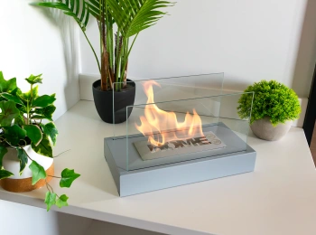 Brīvstāvošs bio kamīns Home pelēks matēts - moderns, ekoloģisks bezdūmu kamīns viesistabai un terasei