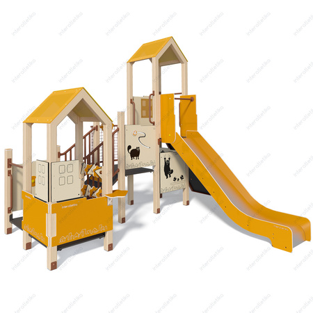 Oranž laste mänguväljaku kompleks koos liumäe, ronimisseina ja paljude teiste atraktsioonidega