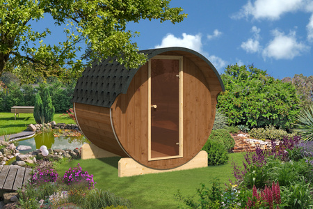 Outdoor Barrel Sauna EDA 220 voor 4 personen / Harvia elektrische of houtkachel / Hoogwaardig Scandinavisch sparrenhout (Thermwood)
