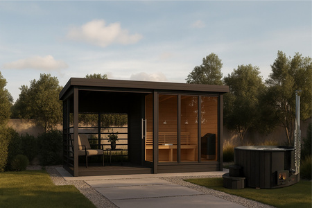 Conjunto Sauna & Bañera | Sauna exterior Anita | Finlandesa | Seca | Hot Tub Lux 200 negra | Thermowood