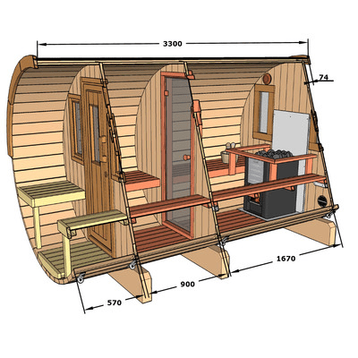 Sauna a botte da esterno 330 con terrazza per 4 persone / Stufa elettrica o a legna Harvia / Abete rosso scandinavo di alta qualità (Thermowood)