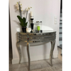 Halvrundt glamour-konsolbord i glas 120×40×80 cm – spejl, sølvfarvet, krystaldetaljer