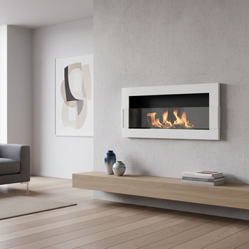 Bioșemineu suspendat 900x400 cu sticlă - alb lucios, șemineu modern cu bioetanol