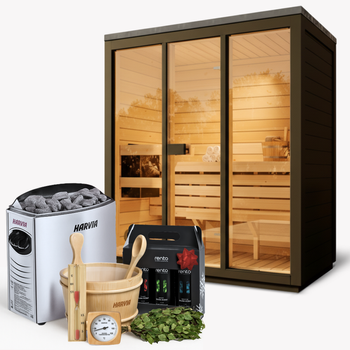 Sauna d’extérieur BALI M Édition Limitée Noire Thermowood pour 3 personnes | moderne | finlandaise | vitrée | avec poêle Harvia Vega 4,5 kW | ensemble d’accessoires offert