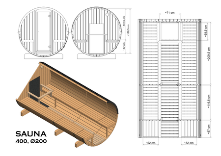 Utesauna EDA 400 – romslig premium badstue for 6–12 personer med elektrisk eller vedfyrt ovn, for familie og venner