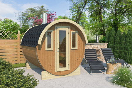 Sauna ogrodowa EDA 235 – przestronna sauna dla 5–7 osób z piecem elektrycznym lub opalanym drewnem, dla relaksu i wyjątkowego komfortu