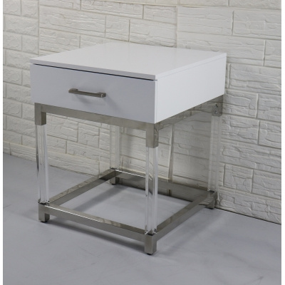 Szafka nocna ROYALTON WHITE – akryl wzmacniany, stal szlachetna, blat z białego lakierowanego MDF (60×50×50 cm)