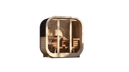 Udendørs sauna AMORA til 3-4 personer med Harvia Vega saunaovn + gaver | kosmetik + sauna tilbehør | finsk sauna | Thermowood | termisk modificeret træ