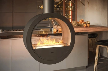 Õhuke biokamin Incyrcle 2Side White/Black — seinale kinnitatav, ümardatud Antisol-klaasid, 500 mm põleti, hea isolatsioon