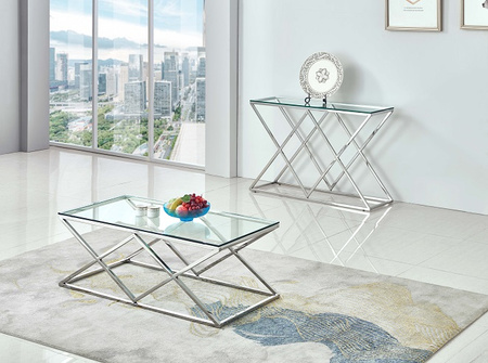 Mesa de centro moderna em aço inoxidável com vidro temperado – Prata, 120x60x45 cm