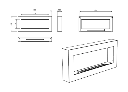 Κρεμαστό βιο-τζάκι BOX 900x400, μαύρο ματ με υφή – ένα μοντέρνο τζάκι χωρίς καμινάδα