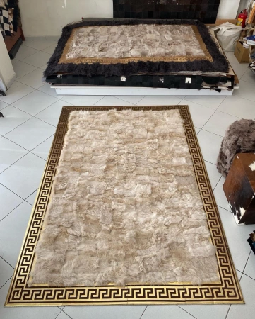 VERSACE style rug - luxury handmade sheepskin rug, beige with gold