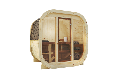 Utendørs sauna Eke 160 for 3–4 personer med Harvia Vega ovn + gratis kosmetikk + sauna tilbehør | finsk badstue | thermowood | Termisk behandlet tre