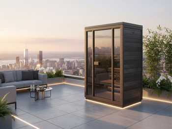 Have-sauna Bali S begrænset udgave sort version med Thermowood spejlglas – rummelig udendørs sauna til 2 personer med elektrisk ovn, ideel til afslapning i haven