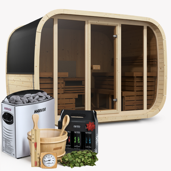 Udendørs sauna KLAAR til 4-6 personer inkl. Harvia Vega ovn + tilbehør & sauna kosmetik