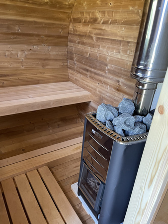Sauna exterior clásica ovalada para 5 personas / Estufa Harvia eléctrica o de leña / Abeto escandinavo tratado térmicamente de alta calidad | Wellness | Relax | SPA | Lista para Montar | Madera Termotratada