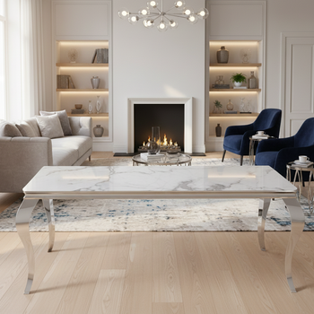 Table à Manger VALENTINO avec Plateau en Marbre Blanc et Base Argent – Luxe pour votre Salle à Manger
