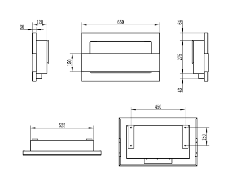 Væghængt bioethanolpejs med glas 650x400 – blank sort, moderne bioethanolpejs