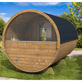Barrel Sauna 400 Delux (Half-Moon Glass) Υπαίθρια για 4 άτομα / Ηλεκτρική ή Ξυλόθερμο Harvia 400 / Υψηλής ποιότητας Scandinavian Spruce (Thermowood)