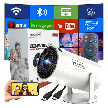 PRZENOŚNY MINI PROJEKTOR ANDROID 12 WiFi RZUTNIK OBROTOWY FULL HD 4K Bluetooth autokeystone 4D Zenwire R1 360