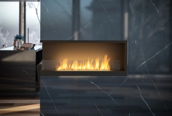 Biocamino angolare Inside L1100 v2 — versione L (sinistra), da incasso in nicchia (bruciatore 800 mm, 2 l), vetro Antisol, nero