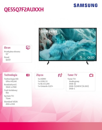 Samsung Telewizor QLED 55 cali QE55Q7F2AUXXH - Ultra HD 4K, Smart TV, Quantum HDR, Tizen, Bluetooth, WiFi, 20W, Pilot, Gwarancja
