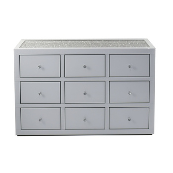  CÓMODA DE VIDRO COM CRISTAIS AMARO 9 GAVETAS • vidro + MDF • 130 × 80 × 40 cm