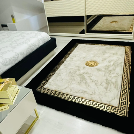 Fekete és krémszínű valódi birkabőr plüss szőnyeg - luxus, kézzel készített, modern Versace stílusú nappali és hálószoba szőnyeg